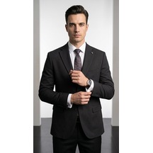 Plus Scorpion Ck 142 Slim Fit Mikro Desenli Erkek Ceket Yazlık Pike Kumaş Çift Yırtmaç Blazer Siyah