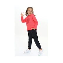 Toontoy Kids Toontoy Kız Çocuk 2'li Takım Baskılı Kapüşonlu Sweatshirt & Beli Paçası Lastikli Jogger Eşofman Altı - Renk Bloklu & 3 İplik Şardonlu Nar Çiçeği