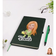 Kişiye Özel Kadın Asistan Karikatürlü Yeşil Termo Deri Defter Kal