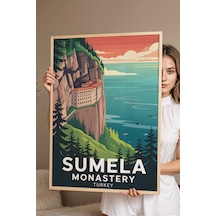 Sümela Manastırı Tablo - Retro Travel Poster - Trabzon Şehir Serisi Duvar Dekoru - Çerçeveli Poster Kayın