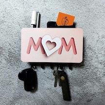 Pembe Kalpli Mom Anne Yazılı Bölmeli Anahtarlık Duvar Askılık Dekor Diğer