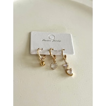 Kadın Özel Tasarım 3'lü Top Sallantı Kalp Zirkon Taş Kararmaz Küpe 001