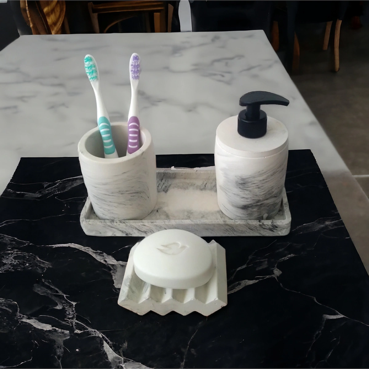 4'lü Banyo Seti , Sıvı Sabunluk Diş Fırçalığı Beton Aksesuar Takım Gri