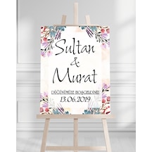 Söz Nişan Düğün İçin 50x70 Karşılama Panosu - Renkli Çiçek Pastel Tasarımlı Beyaz