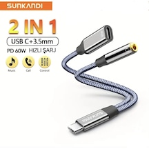 Sunkandı 2'si 1 Arada Type-c To 3.5mm+60w Hızlı Şarj Ve Kulaklık Çevirici Dac Çip+hi-fi Ses Teknolojisi Ce Lisanslı Sertifikalı Hasır Örgülü Sağlam Kablo Gri