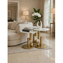 Üçlü Zigon Sehpa Seti, Champagne Gold Metal Ayaklı, Beyaz Yuvarlak Üst, 52-56-60 Cm Yükseklik, Diğer