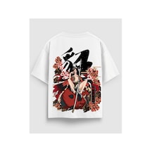 Yolo Street Anime Samurai Girl & Sakura Baskılı Oversize Beyaz Tişört %100 Pamuk, Premium Streetwear Beyaz