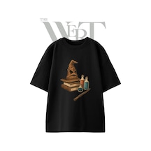 Thewert Sorting Hat Tasarım Baskılı Ünisex Siyah Oversize T-shirt