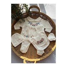 Bambik Zuhu Baby Kız Bebek Nakışlı 5 Li Hastane Çıkışı Seti %100 Pamuk Şapka, Üst, Alt, Eldiven, Önlük Ekru