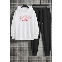 Uyguntarz Unisex Brooklyn Baskılı Kapuşonlu Sweattshirt Eşofman Takımı Beyaz