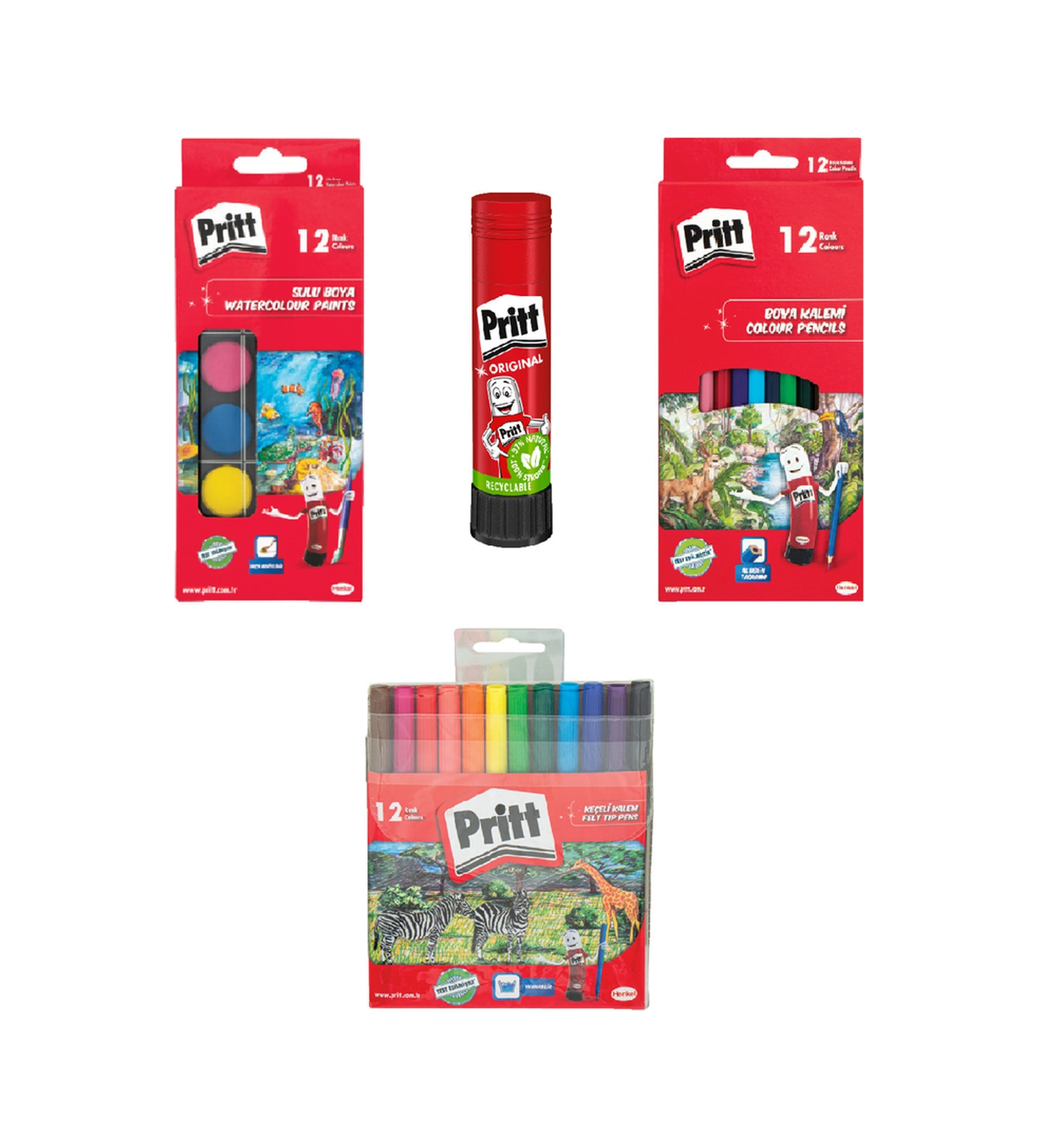 Boyama Seti 12 Li Sulu Boya+ 12 Li Kuru Boya+ 12 Li Keçeli Kalem Boya + Pritt Yapıştırıcı