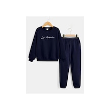 Los Angeles El Yazılı Eşofman Takımı Sweatshirt Jogger - Lacivert Baskılı Oversize Bisiklet Yaka Lacivert
