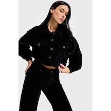 Kadın Siyah Renk 26w5-1 Crop Fit Düğmeli Kalın Fitilli Velvet Kadife Kumaş Ceket
