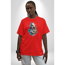 Kedi Assassin's Creed Pamuklu Bisiklet Yaka Unisex Oversize Boyfriend Dijital Baskılı Kırmızı T-shirt Kırmızı