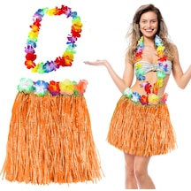 Hawaii Luau Aloha Turuncu Püsküllü 40 Cm Etek Ve Hawaii Kolye Seti 5691 "