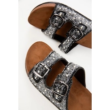 Yazlık Kadın Ortopedik Taşlı Havuz Günlük Çift Tokalı Terlik Antrasit