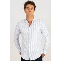 Tudors Slim Fit Uzun Kol Çizgili Hakim Yaka Erkek Gömlek-24977 Beyaz