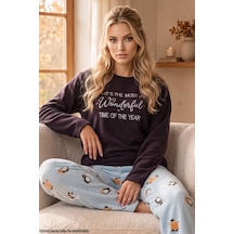 Siyah İnci Mürdüm Nakışlı Alt-üst Polar Kışlık Örme Pijama Takım 26222129