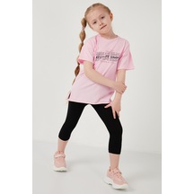 Lela Pamuklu Bisiklet Yaka Kısa Kollu Taytlı Alt-Üst Kız Çocuk Takım 6212007 Pembe