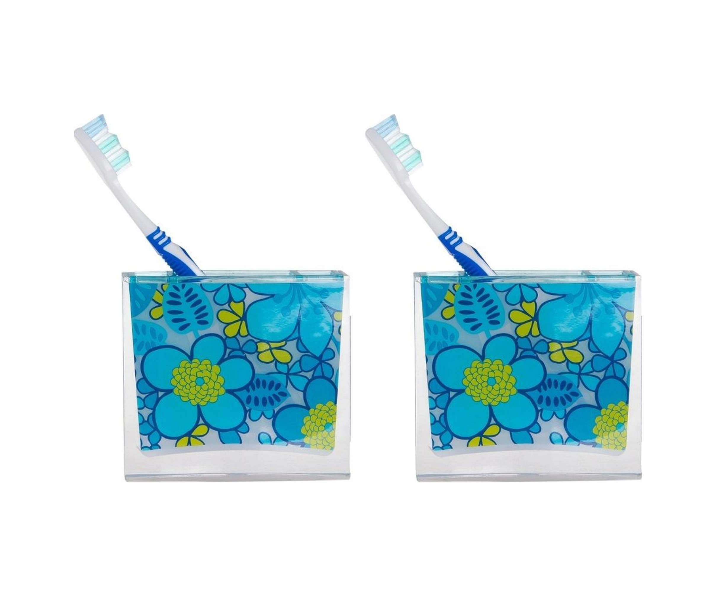 2 Adet Diş Fırçalık Mavi Çiçekli Akrilik 10x10x3cm Banyo Seti Çok Renkli