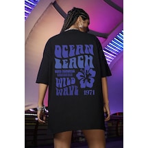Pamuklu Ocean Baskılı Oversize T-shirt Siyah