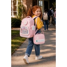 Okul Çantası 3'lü Set Pembe Sırt Çantası Beslenme Çantası Kalemlik Ortopedik Su İtici Öğrenci Seti Çok Renkli
