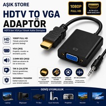 Hdmı To Vga Adaptör 1080p Full Hd Altın Uçlu 3.5mm Ses Çıkışlı Hdmı Erkek Vga Dişi Dönüştürücü Laptop Monitör Projeksiyon Tv Bilgisayar