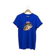 Avcılık Hunting Şapkalı Levrek Balığı Baskılı %100 Pamuk Regular Fit Bisiklet Yaka Mavi T-shirt Mavi