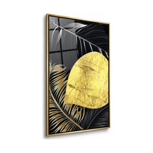 Altın Yapraklar Ve Altın Daire Gold Çerçeveli Cam Tablo