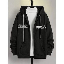 Nasa Yazılı Fermuarlı Hırka Sweatshirt - Siyah Baskılı Oversize Kışlık Kalın Kapüşonlu Siyah