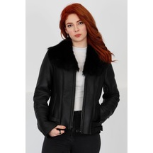 M M Marki Marki Siyah Hakiki Kürk Ve Deri Mont - Kemerli, Yakası Kürklü, Fit Kesim, Elegant Chic - 103722