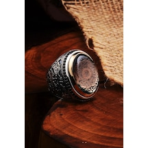 Kehribar Taşlı Inşirah Suresi Yazılı Erkek Gümüş Yüzük