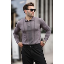 Madmext Koyu Gri Polo Yaka Çizgili Erkek Triko Kazak 7265 Koyu Gri