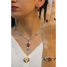Mardin Hasırı Akik Taşlı Gümüş Dörtlü Set