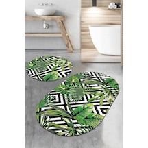 Yeşil Yapraklı Desen Oval Banyo Klozet Paspas Seti Bs079n11