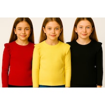 Kız Çocuk 3'lü Uzun Kollu Badi. 6 Ay 7 Yaş Arası 3 Lü Badi Seti Fırfır Detaylı %100 Pamuk Kız Bebek Kırmızı