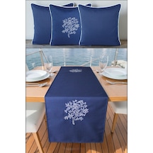Kırlent Kılıfı 45x45 3'lü Set + 145x40 Runner Marin Nakışlı Yosun Desen Su İtici Outdoor Keten Lacivert