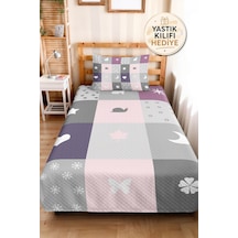 Evimde Bambaşka Pastel Patchwork Gri Kız Çocuk Pike Takımı-lila Pembe Minimal Bebek Odası Yatak Örtüsü-160x220  CM