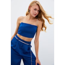 Sateen Taş Askılı Saten Crop Bluz - Mavi-134981 Mavi