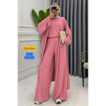 Balenbi Kadın Viskon Penye Uzun Hırka Bluz Geniş Paça Pantolon Abaya Takım 3791 Pembe