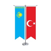 Kazakistan Cumhuriyeti Bayrağı Ve Türkiye -kırlangıç -saten T Direk 2li Masa Bayrağı 1