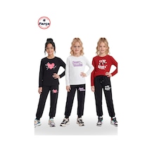 Fyk Kids 3'lü Yuvarlak Yaka Sweatshirt Siyah Eşofmanlı Baskı Detaylı 6 Parça Kız Çocuk Alt Üst Takım Siyah - Beyaz - Kırmızı