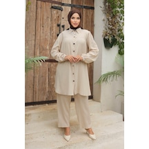 Büzgü Detaylı Tesettür Bej Takım Bej