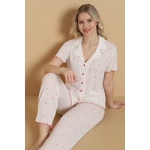 Wordex Mirano 1712 Minik Kalp Desenli Pointel İnce Kumaş Düğmeli Kısa Kollu Kadın Pijama Takımı Ekru