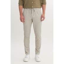 AC&Co / Altınyıldız Classics Erkek Bej 360 Her Yöne Esneyen Slim Fit Dar Kesim Beli Bağlamalı Armürlü Casual Pantolon Bej
