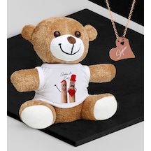 Kişiye Özel Sevgililer Temalı Peluş Ayıcık Ve Rose Kalp Kolye Set (409000999)