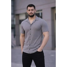 Freedom Storee Erkek Waffle Kumaş Kısa Kollu Düğmeli Açık Yaka Regular Fit Gömlek - Gri Çok Renkli