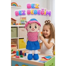 Fatma Bebek 48cm Büyük Puantiye Desenli Elbiseli Ve Şapkalı El Yapımı Oyuncak Bez Bebek Mavi