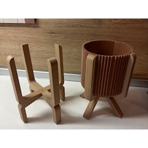 3d Baskı Ayaklı Çizgili Saksı - Bej Standlı Dekoratif Saksı - Kahverengi Çok Renkli