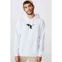 Kartal Eagle Bird Baskılı Beyaz Erkek Örme Kapşonlu Sweatshirt